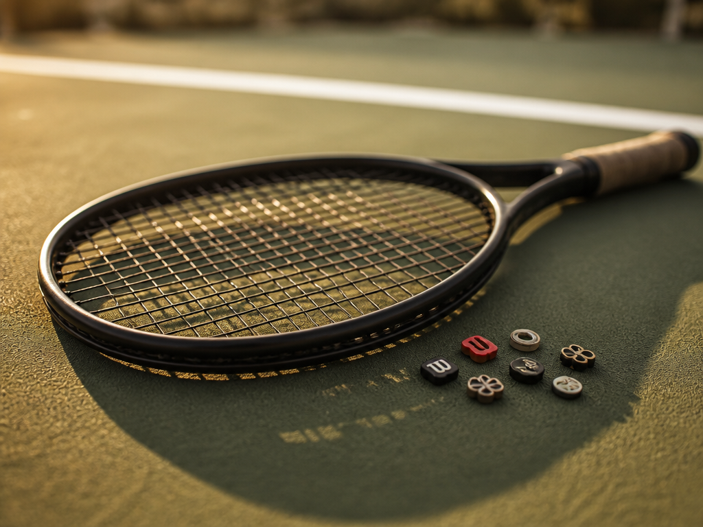 A tennis racquet lying alone on the sun-warmed green surface of an outdoor club…
