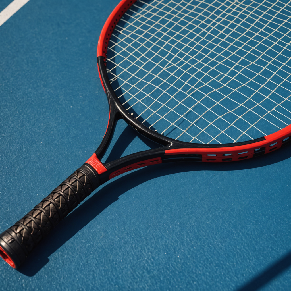 Close-up macro photograph of a sleek black and red tennis racquet with a tight…