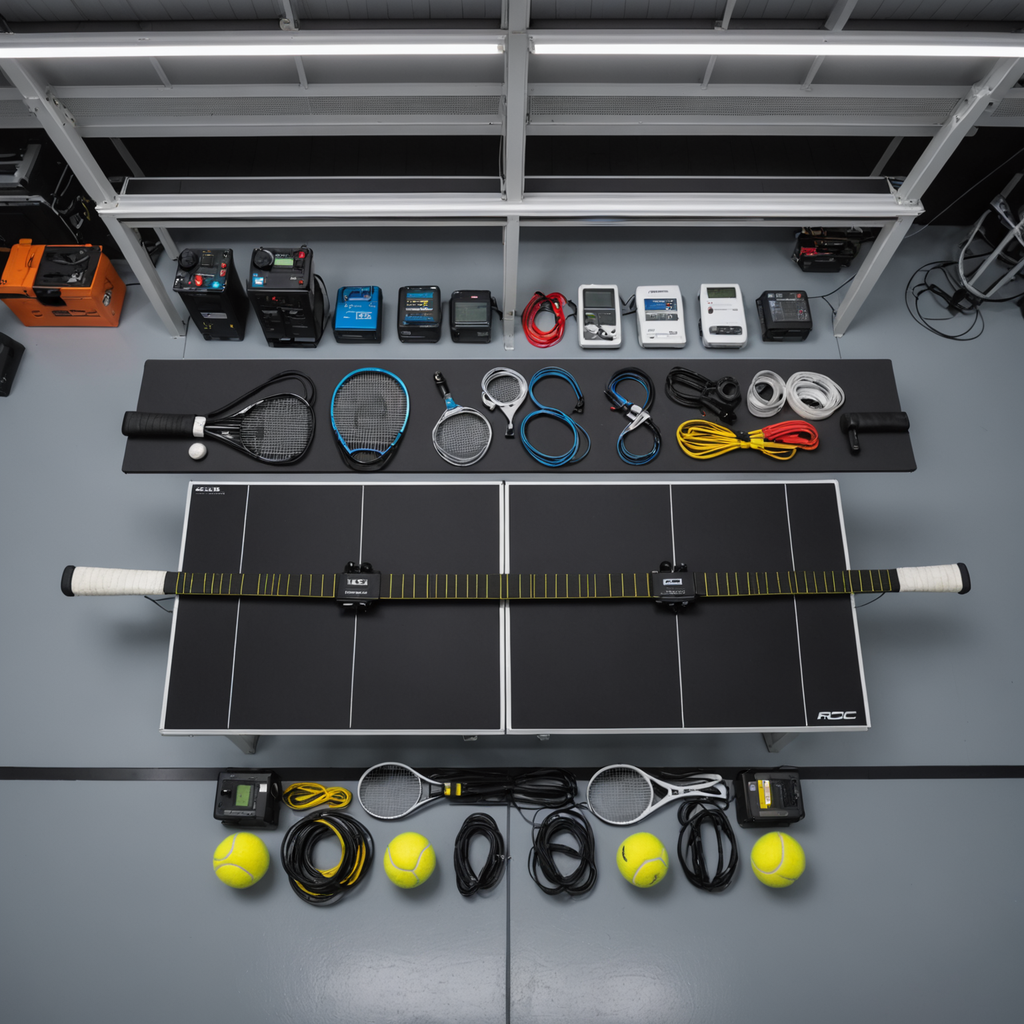 Wide overhead photograph of a professional racquet testing bench inside a dim equipment lab…
