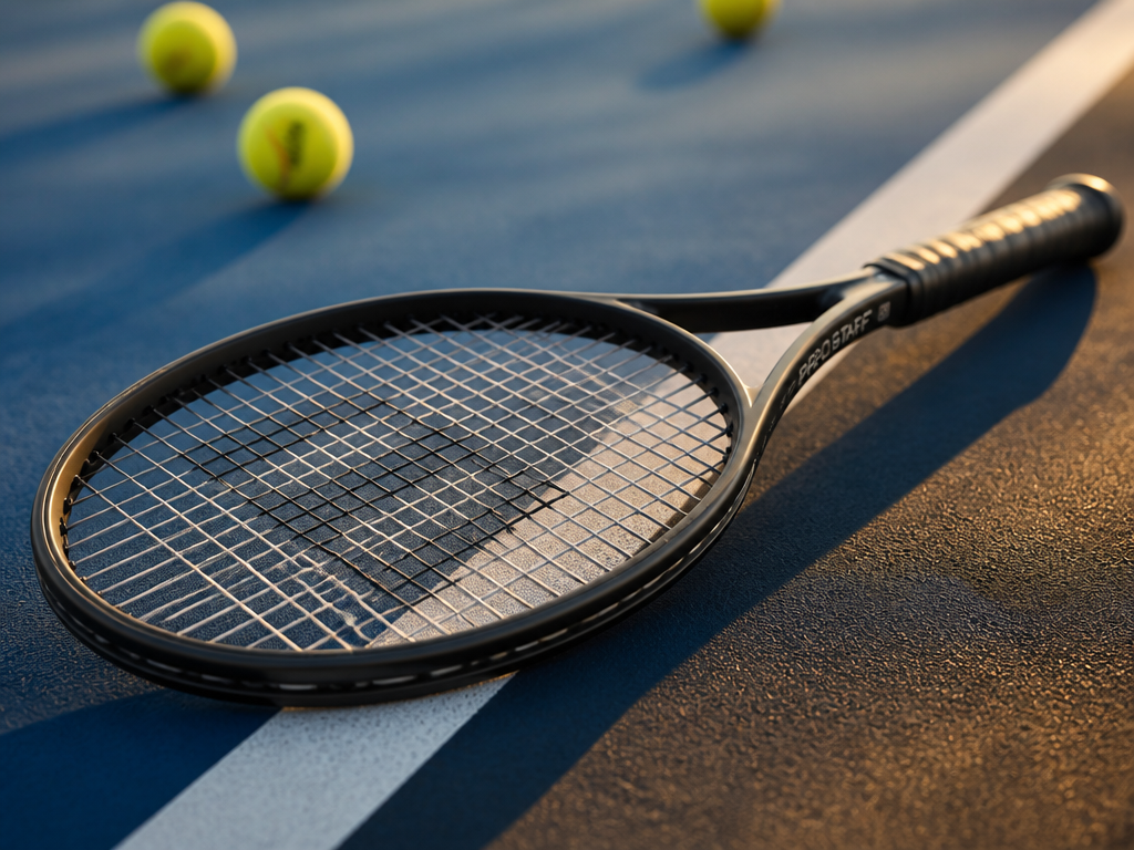 A close-up product still-life of a modern tennis racquet resting diagonally across the freshly…