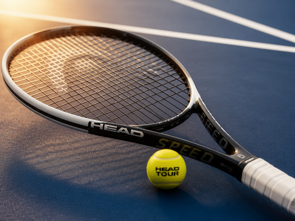 A pristine oversized modern tennis racquet lying diagonally across a freshly painted blue hard…