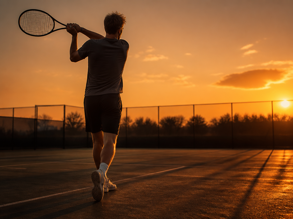 A lone amateur tennis player photographed from behind on an empty outdoor court at…