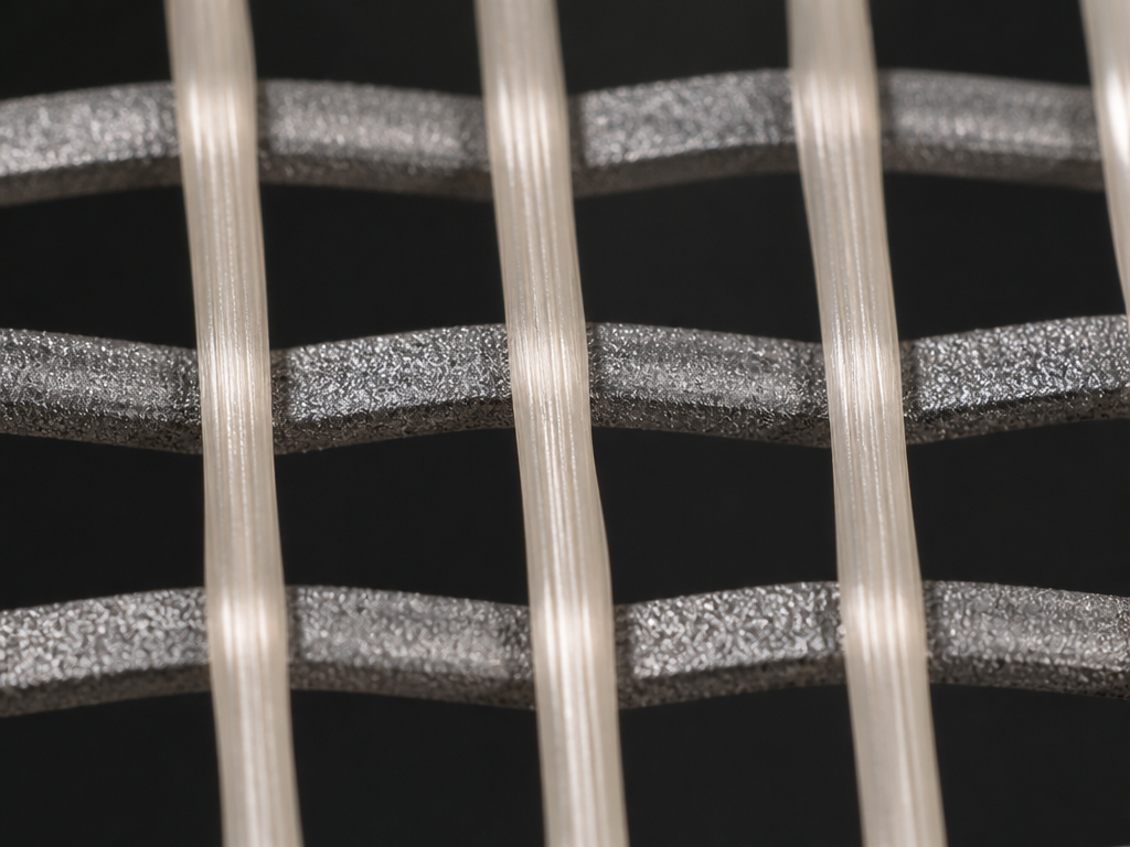 Extreme macro photograph of a tennis racquet's string bed, showing the hybrid pattern where…