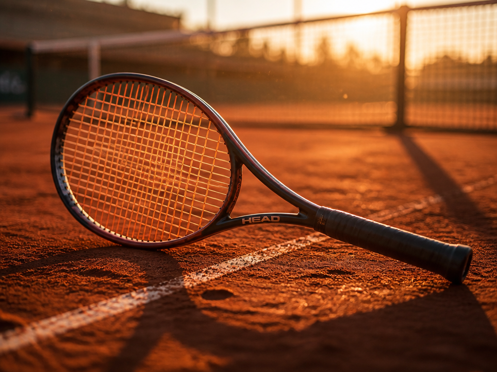 A professional tennis racquet resting on a red clay court at golden hour, low-angle…