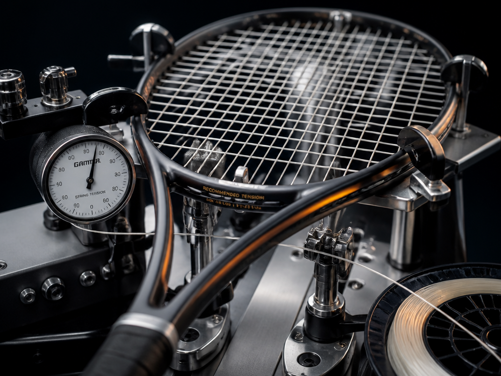 Close-up studio photograph of a stringing machine cradling a modern player's tennis racquet, a…