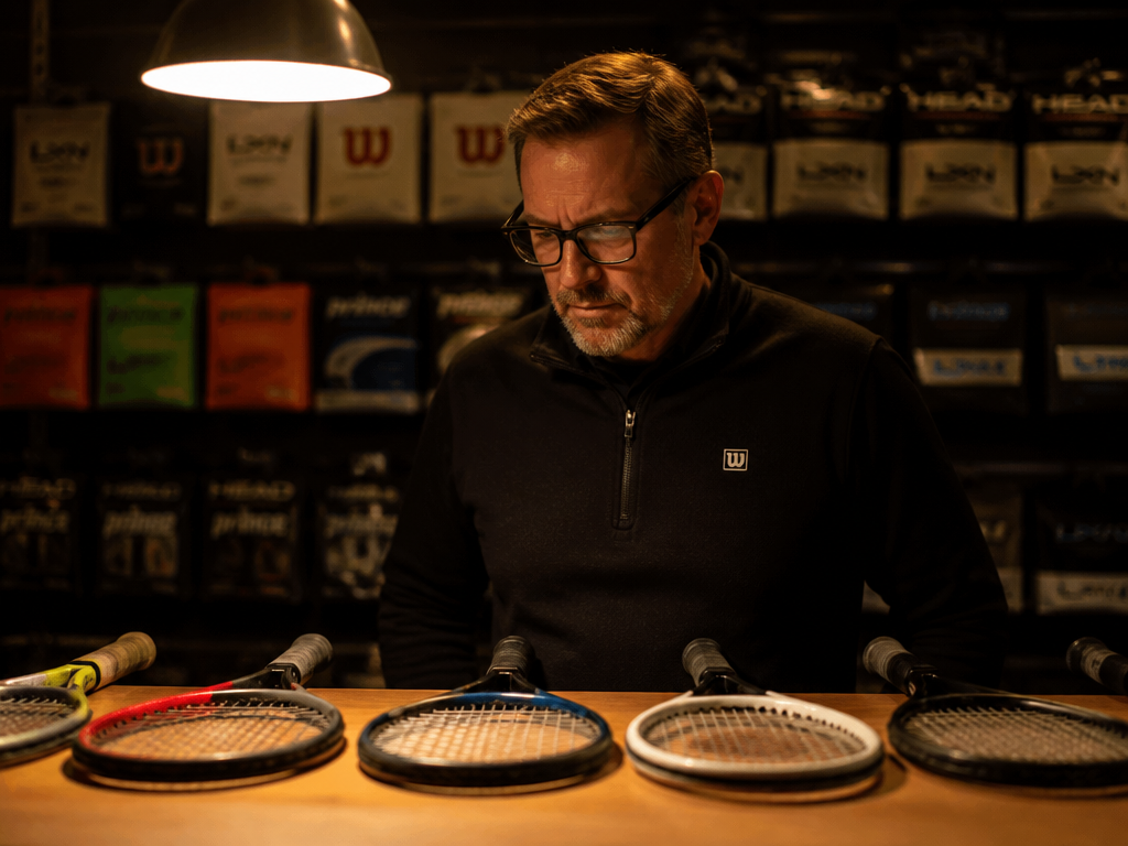 A stringer standing behind a workbench in a dim pro shop, hands out of…