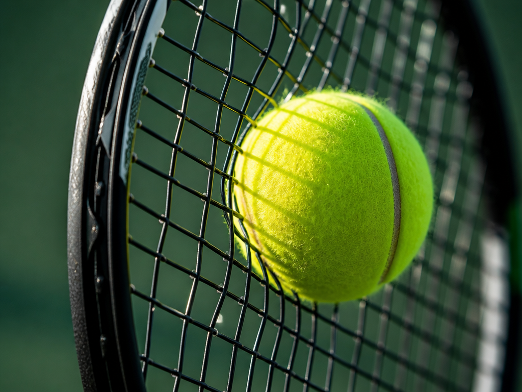 Extreme macro photograph of a tennis racquet string bed at the moment of impact…