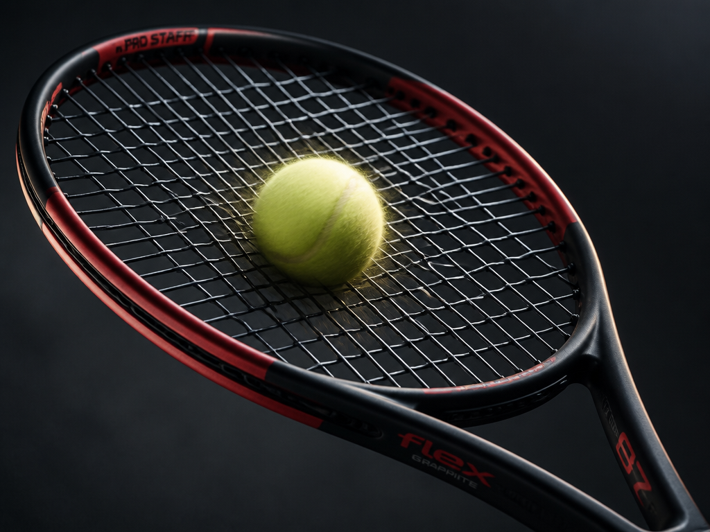 Extreme close-up photorealistic studio product photograph of a single modern tennis racquet with a…