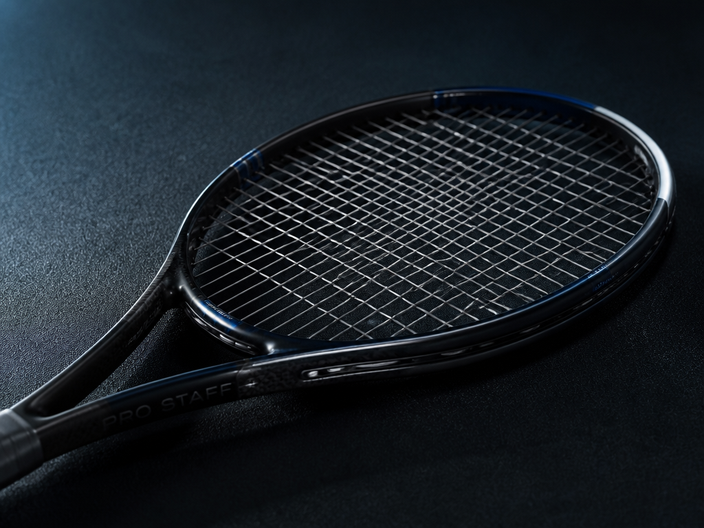 A close-up studio photograph of a single modern tennis racquet resting on a dark…