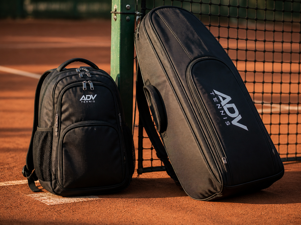 A photorealistic close-up on a sunlit outdoor tennis court, a mid-size structured tennis backpack…