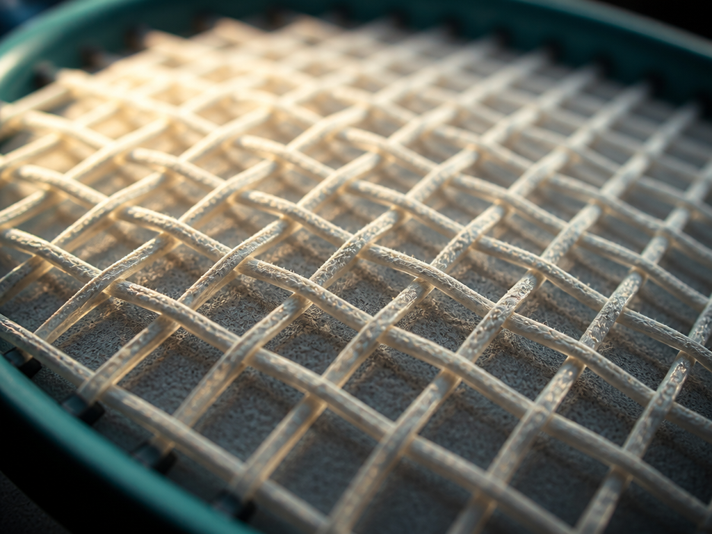Extreme macro photograph of a tennis racquet's string bed filling the frame, focus on…