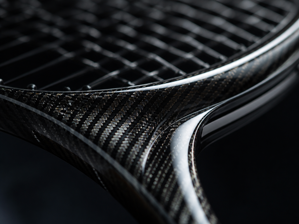 Extreme macro photograph of a modern black tennis racquet's throat and hoop, revealing the…