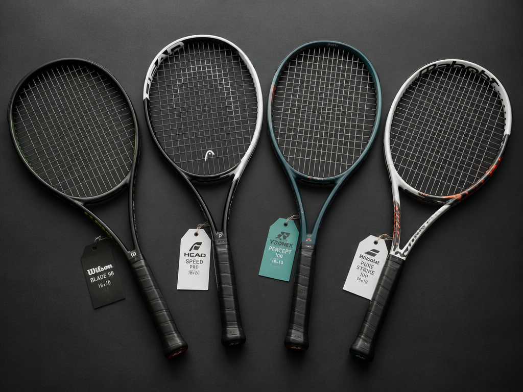 A neatly arranged flat-lay of four premium tennis racquets fanned across a matte charcoal…