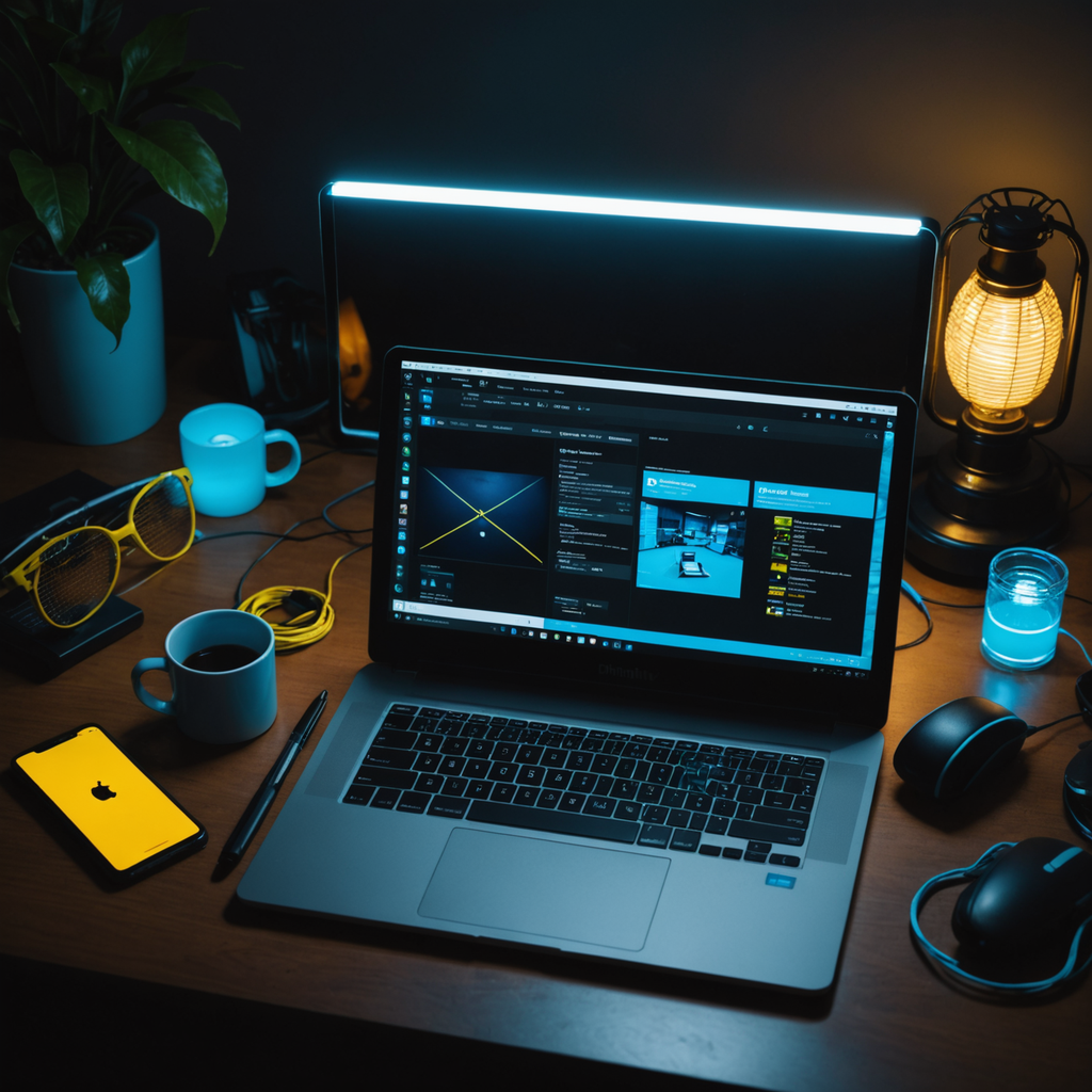 A moody, photorealistic overhead shot of a dimly lit home office desk at night…
