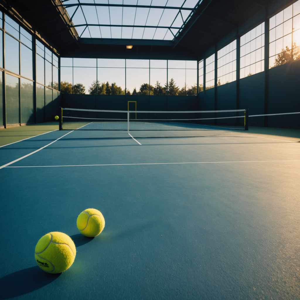 Atmospheric photograph of an empty indoor tennis court at dusk with hard blue acrylic…