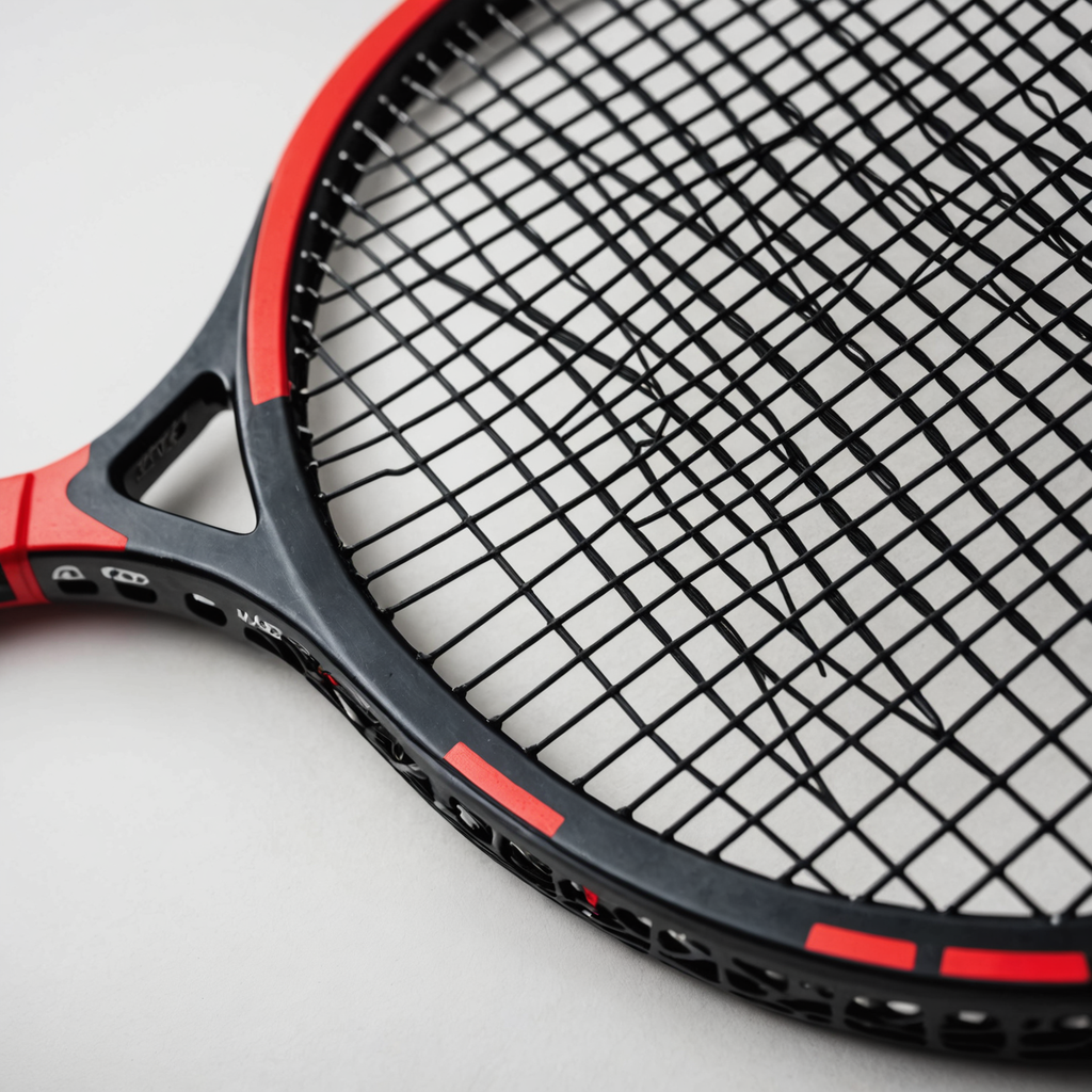 Close-up macro photograph of a black Wilson Pro Staff tennis racquet throat resting on…