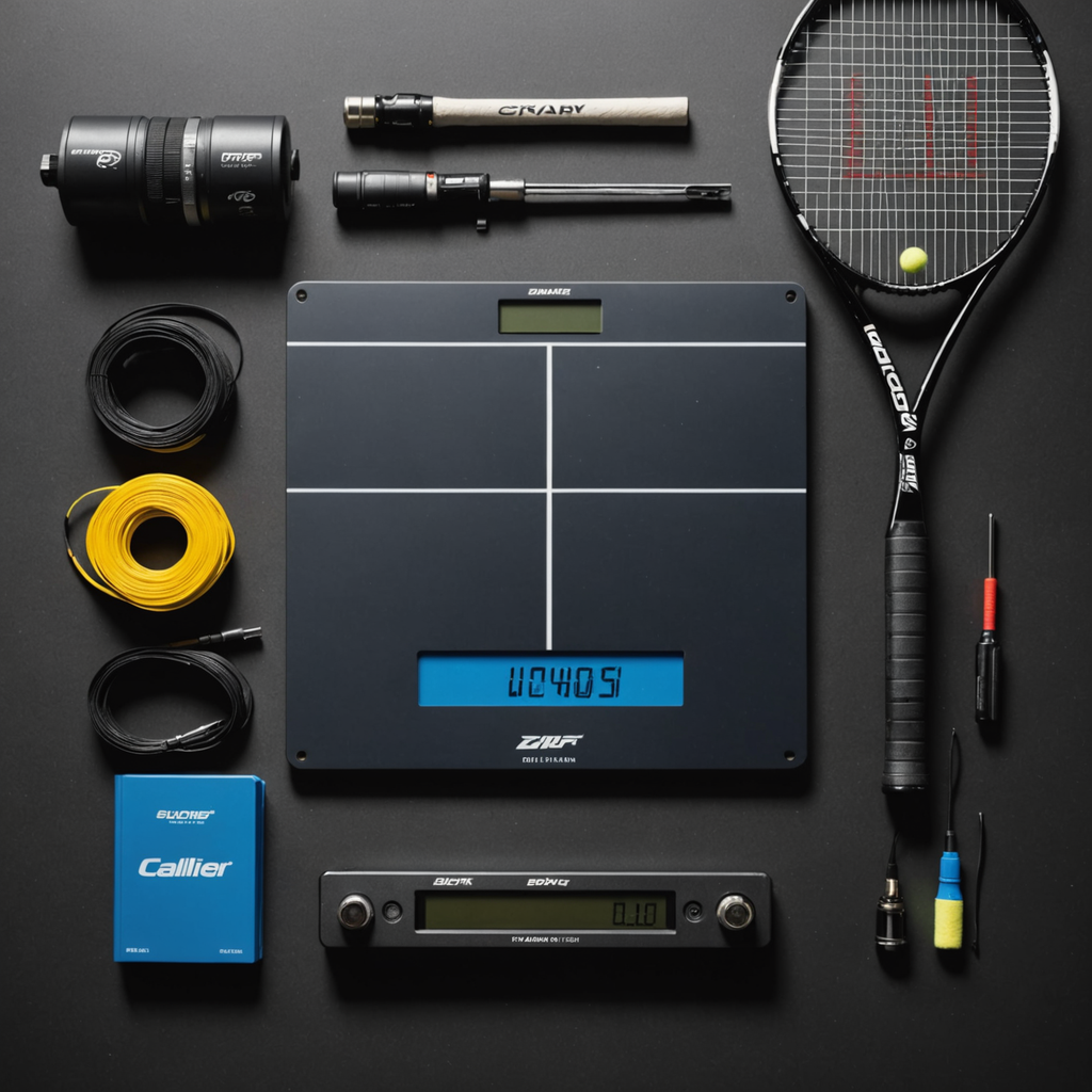 Overhead flat-lay photograph of a professional tennis racquet testing station, featuring a digital calibrated…
