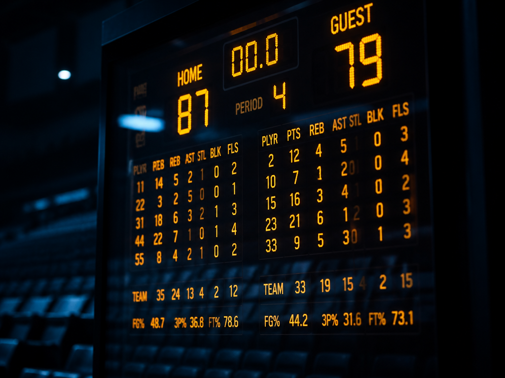 A moody close-up of an illuminated electronic scoreboard and statistics panel inside a darkened…