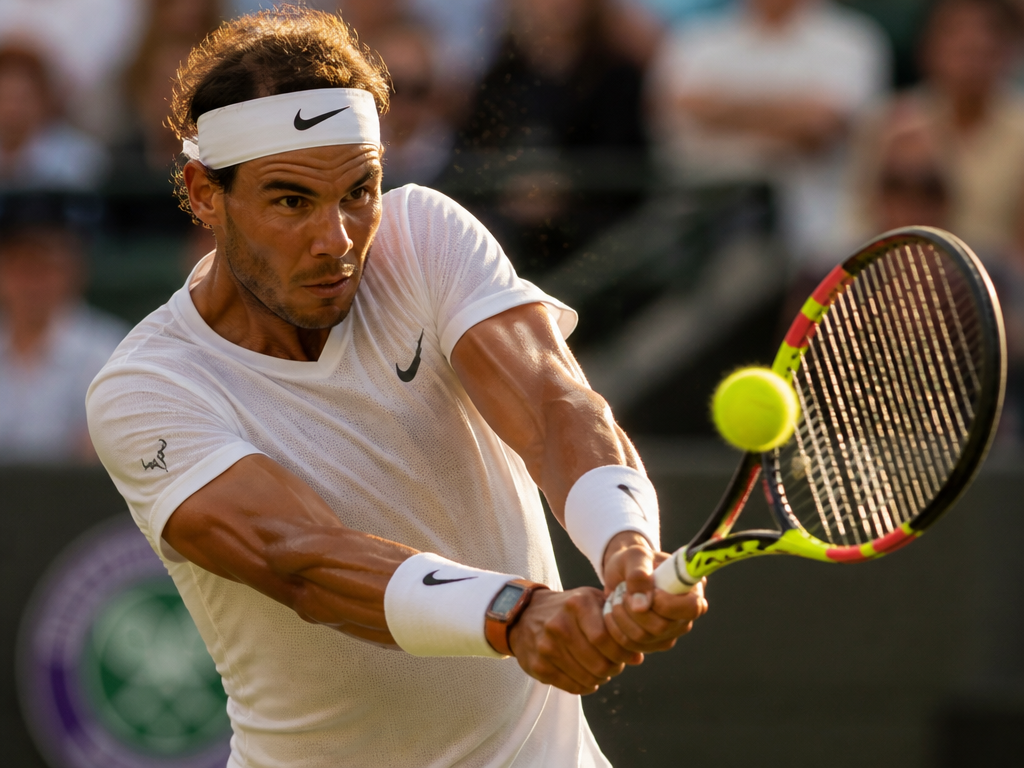 A tightly framed telephoto shot of a lone professional tennis player mid-backhand on a…