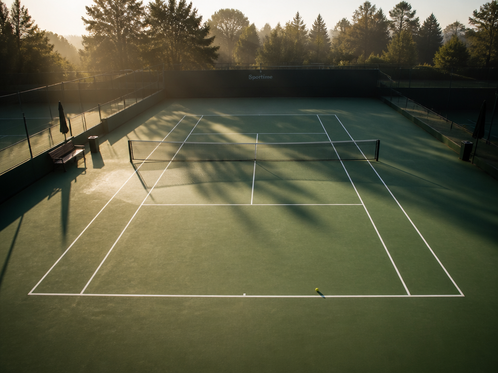 An overhead perspective of an empty green tennis court photographed in soft early-morning light…