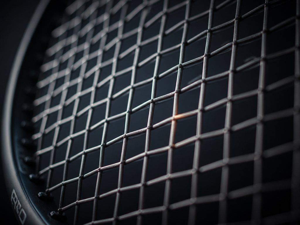 Extreme macro photograph of a modern 18x20 dense-pattern tennis racquet string bed, shot with…