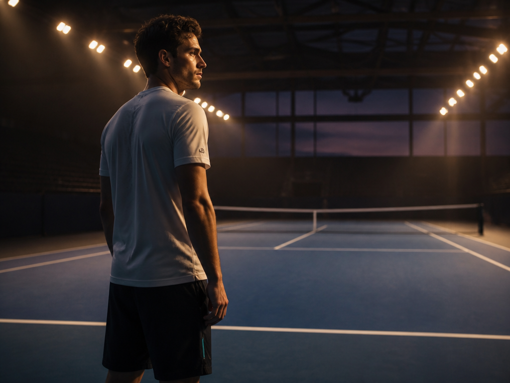 A single tennis player standing at the baseline of an empty indoor hardcourt at…