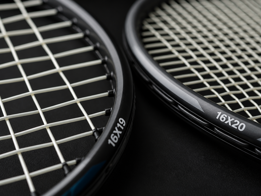 Extreme close-up macro photograph of two tennis racquet string beds laid side by side…