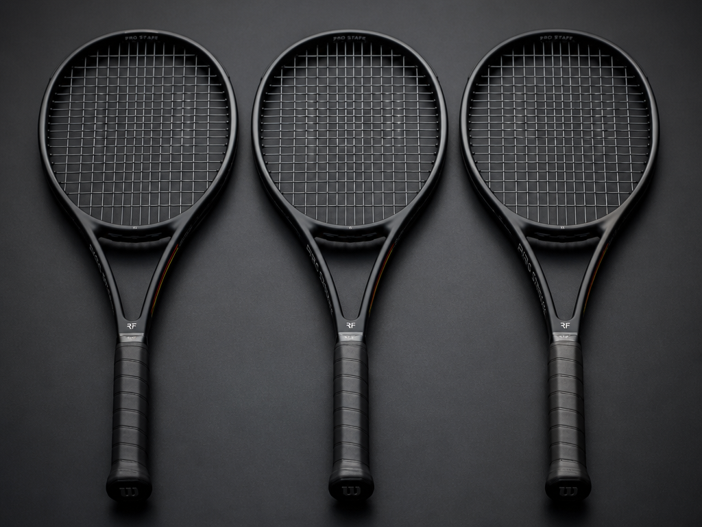 Overhead flat-lay product photograph of three nearly identical black tennis racquets arranged in a…