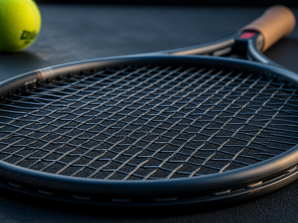 Extreme close-up macro photograph of a modern control-oriented tennis racquet lying flat on a…