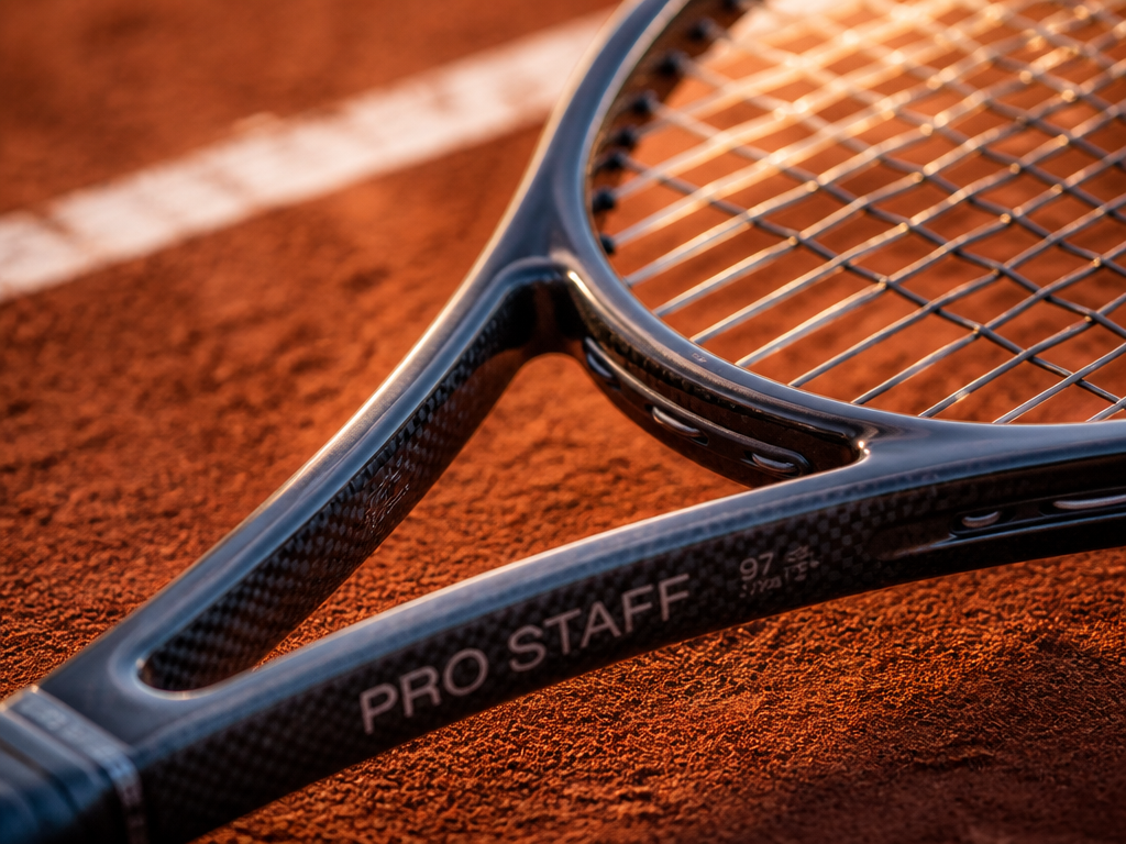 A close-up, macro photograph of a modern control tennis racquet resting on a clay…