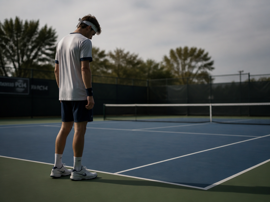 A lone tennis player standing at the baseline of an empty outdoor hard court…