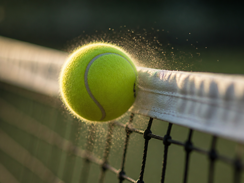 A tightly cropped, dramatic close-up of a tennis ball frozen mid-flight as it clips…