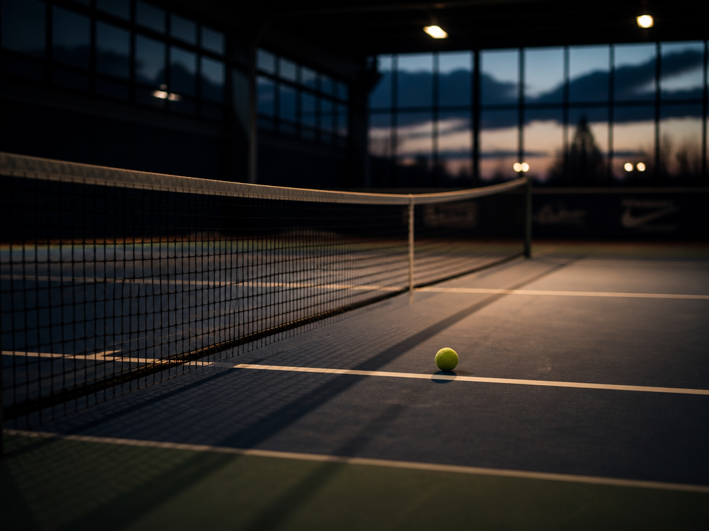 A moody wide shot of an empty indoor tennis court at dusk, the net…
