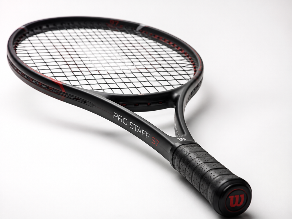 A studio close-up of a black-and-red tennis racquet resting on a clean white seamless…