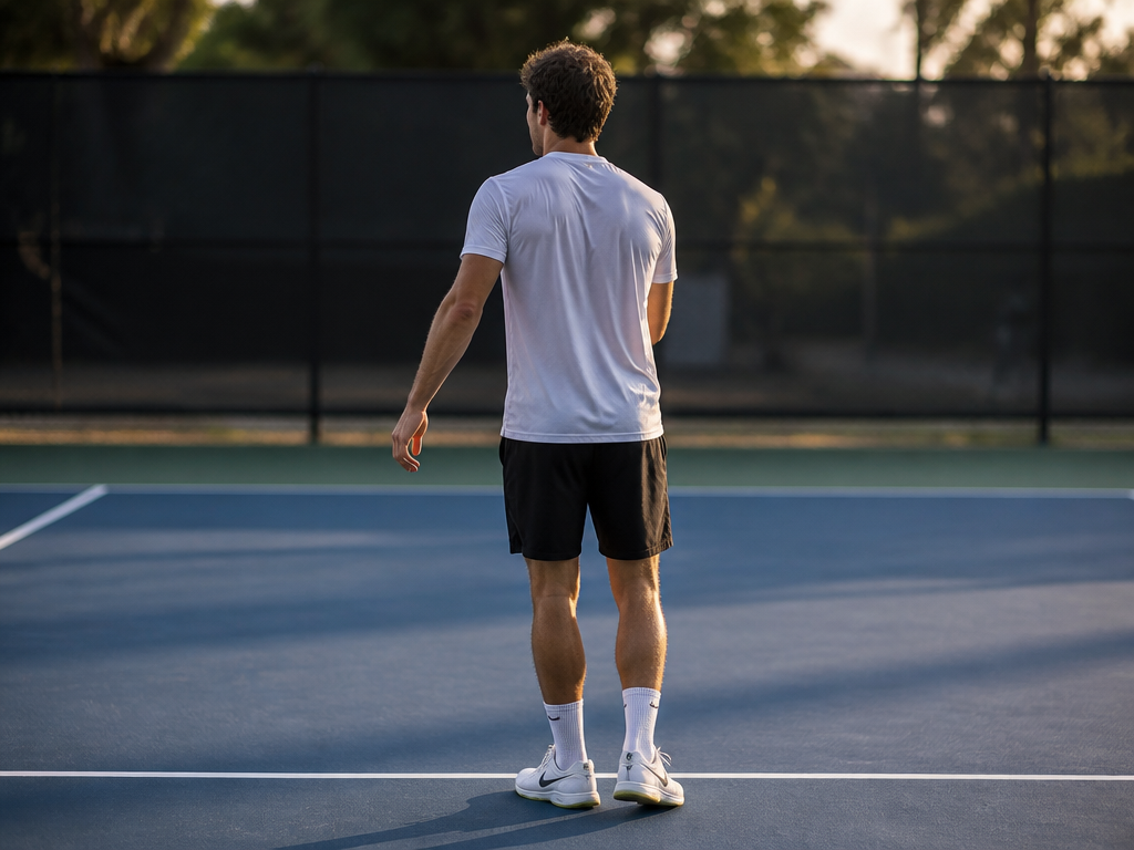 A tennis player standing at the service line on an outdoor court in warm…