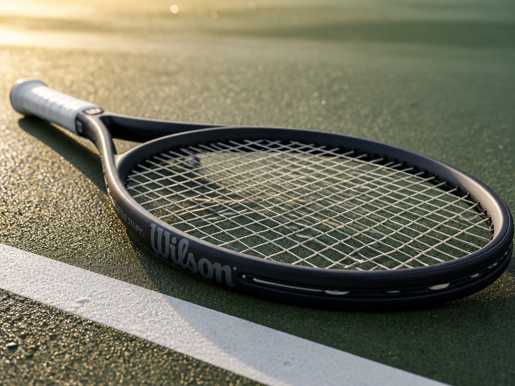 A pristine oversize tennis racquet resting on a clean hardcourt baseline, shot from a…
