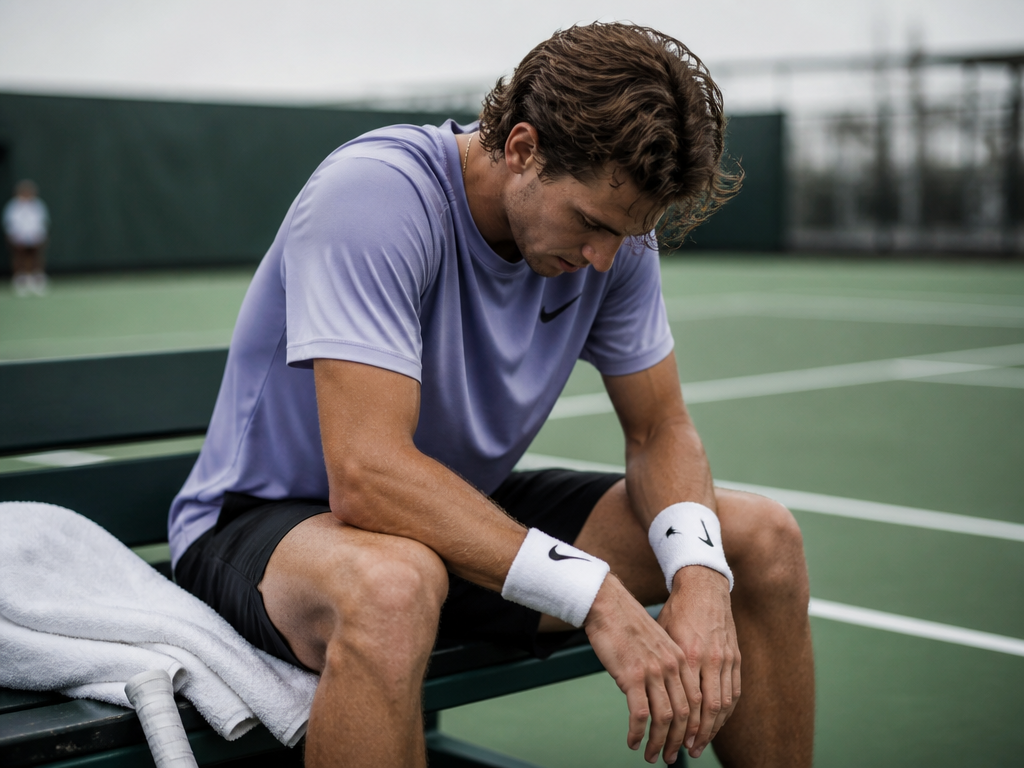 Intimate documentary-style photograph of a tennis player sitting alone on a bench at courtside…