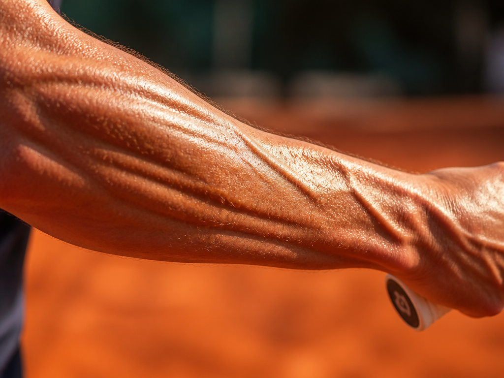 Extreme close-up macro photograph of a tennis player's forearm and wrist mid-swing, skin taut…