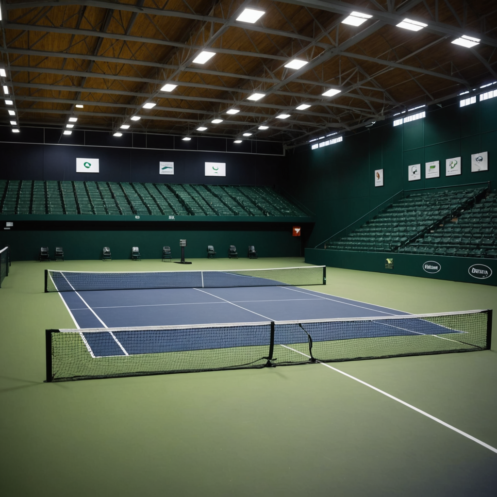 Wide-angle photograph of an empty indoor hard court at a private tennis club, climate-controlled…