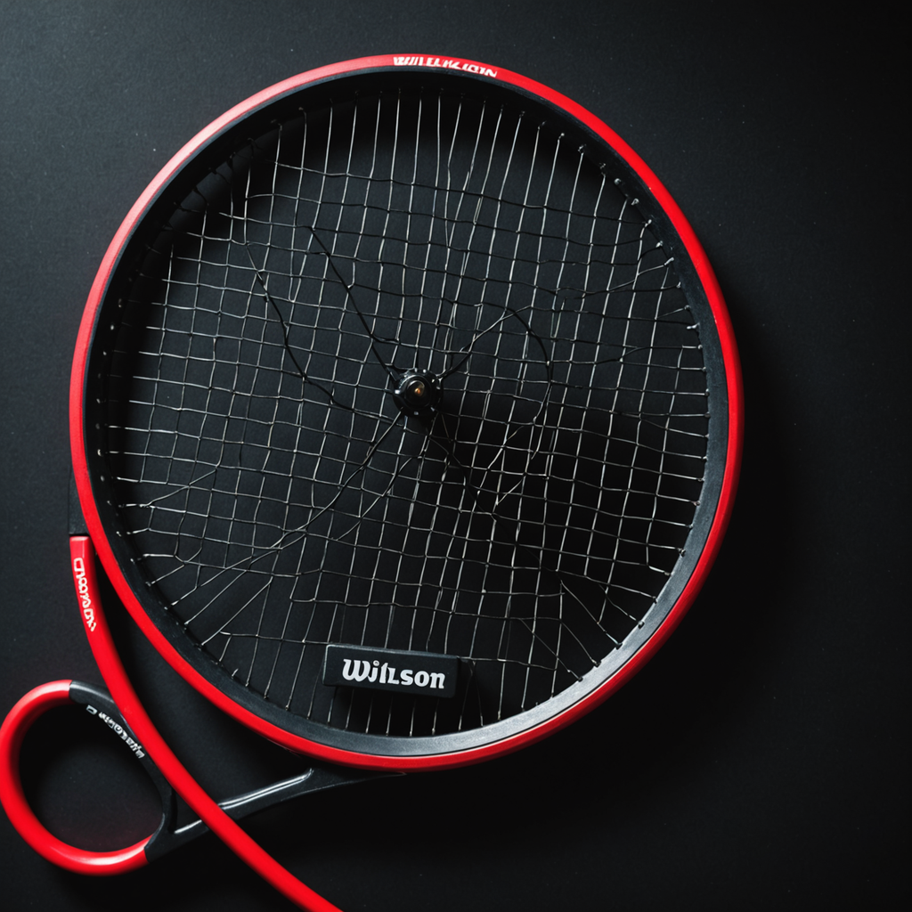 Overhead macro photograph of a black Wilson Pro Staff tennis racquet resting on a…