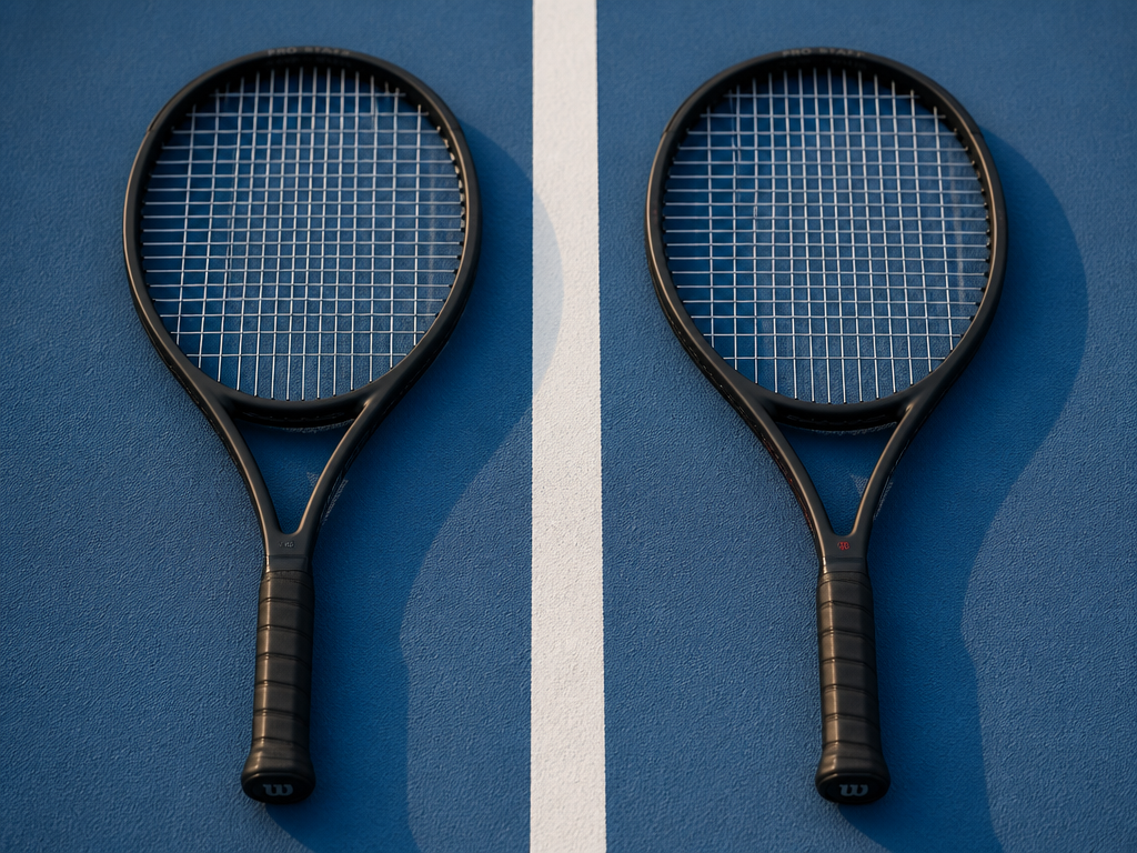 Two nearly identical black tennis racquets laid side by side on a freshly painted…
