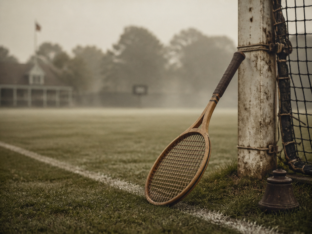 A vintage-styled photograph evoking early lawn tennis history: a grass court bathed in soft…