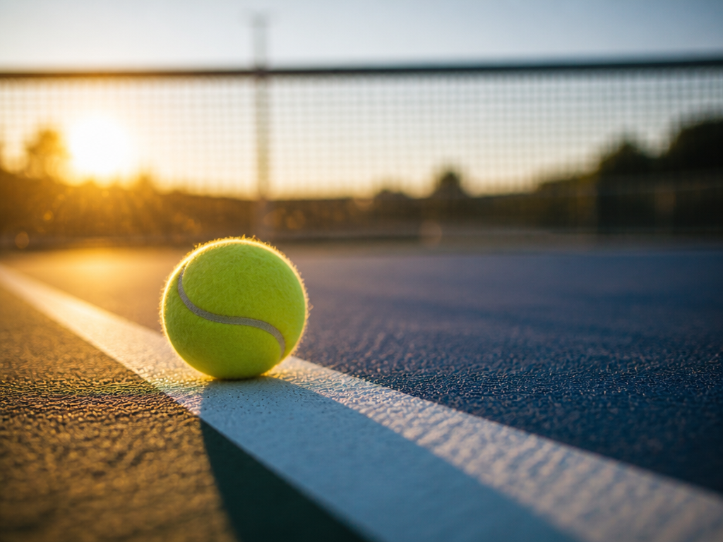 A quiet, atmospheric detail shot of a single tennis ball resting on the freshly…