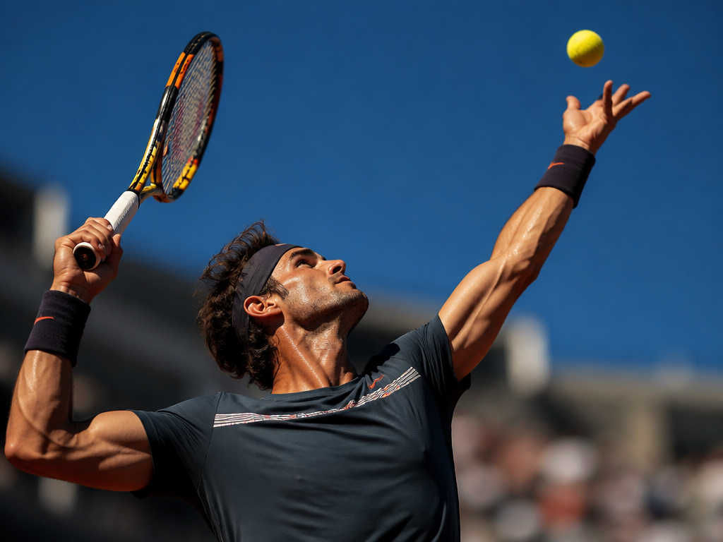 A dramatic low-angle close-up of a professional tennis player at the peak of a…