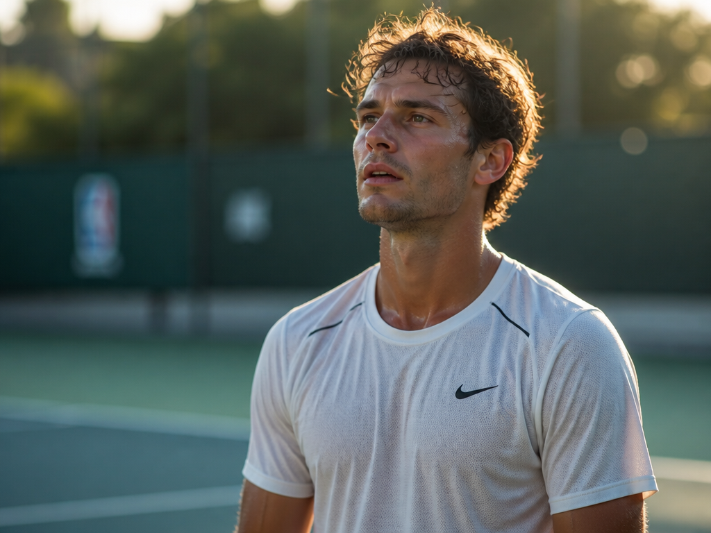 A tennis player photographed mid-rest on an outdoor hard court in bright 75-degree afternoon…
