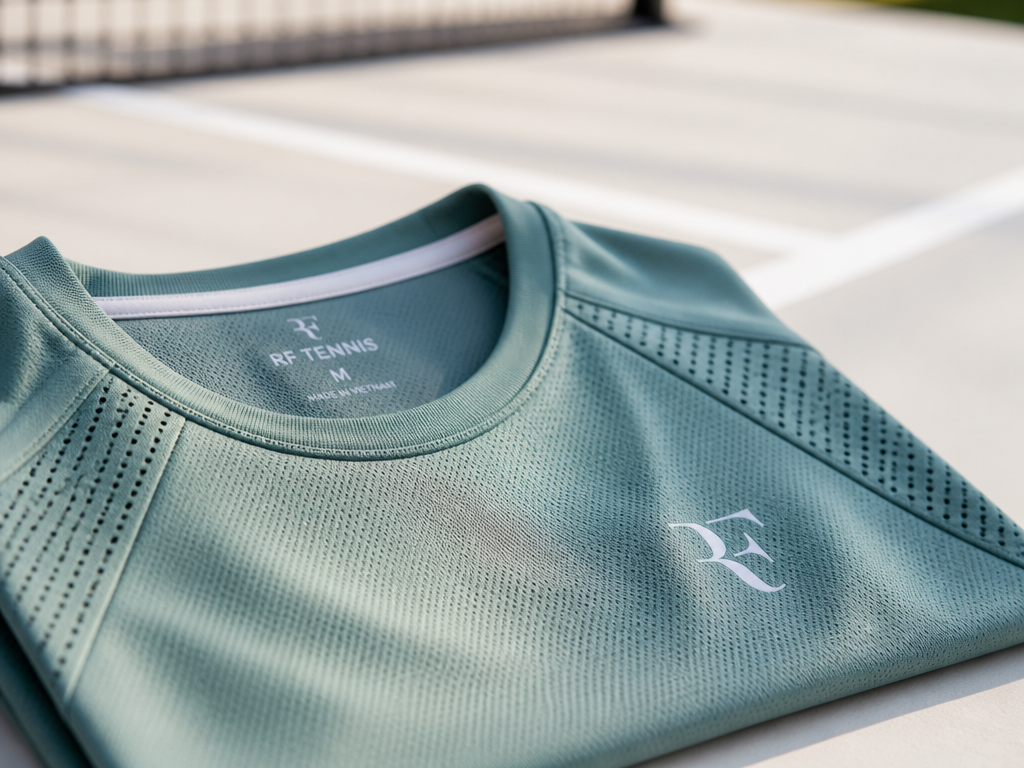 Close-up product still-life of a folded moisture-wicking synthetic tennis shirt resting on a clean…