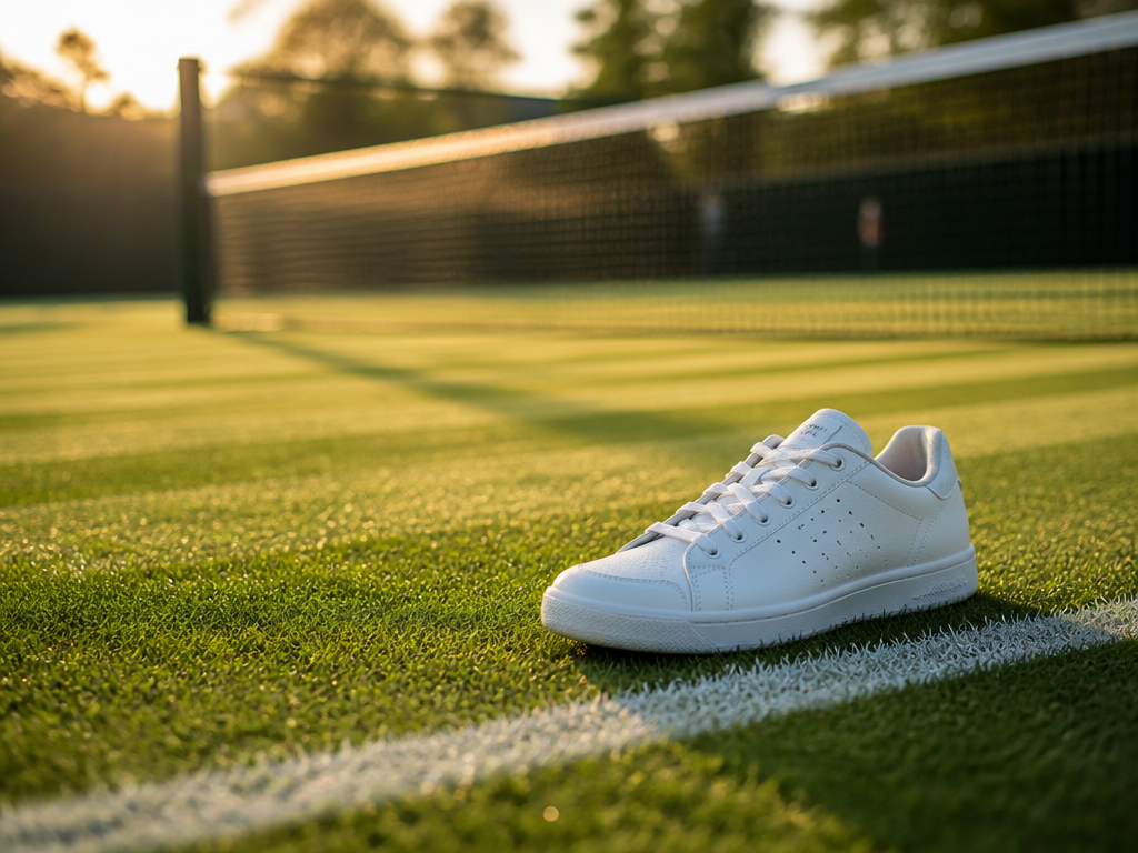 A pristine grass tennis court photographed in early morning golden light, a single white…