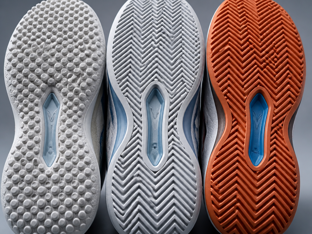 Extreme macro close-up of three tennis shoe outsoles laid side by side on a…