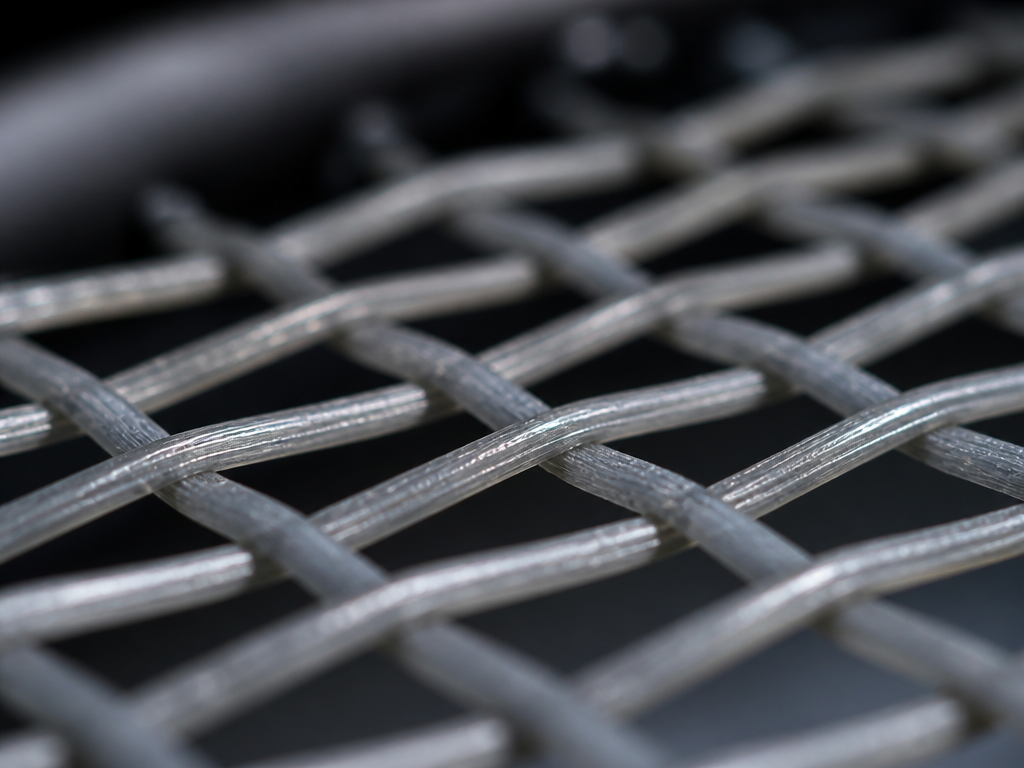 Extreme macro photograph of a tennis racquet stringbed, focused tightly on the crosshatch pattern…