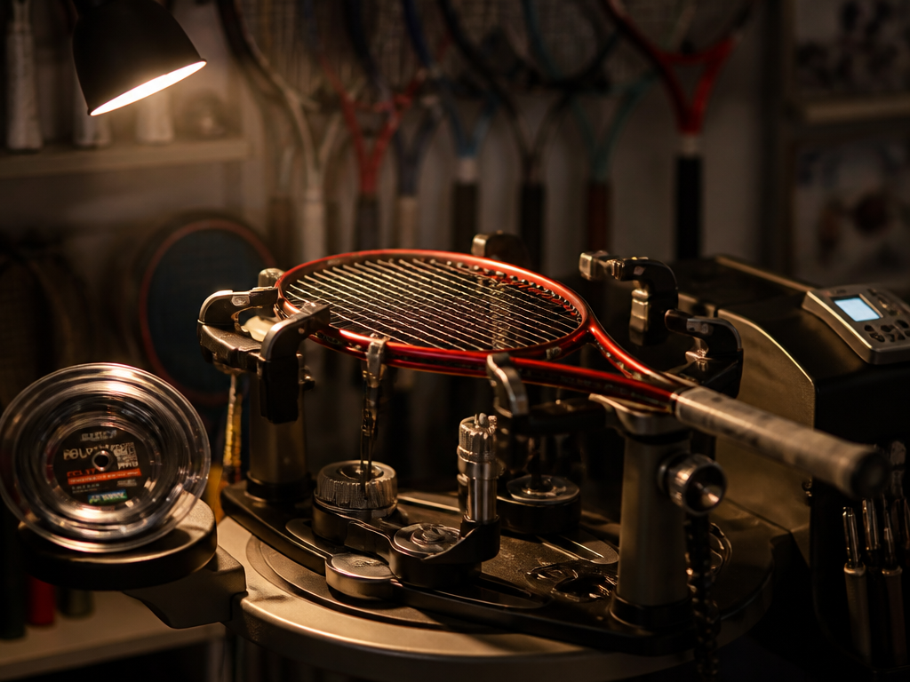 A professional stringing machine in a dim tennis workshop, a red tennis racquet clamped…